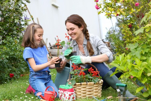 Outdoor landscaping work with plants and paving materials